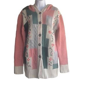 Solution Y2K Pink Green Patchwork Floral Cardigan Hoodie O/S Pockets Grandma Art